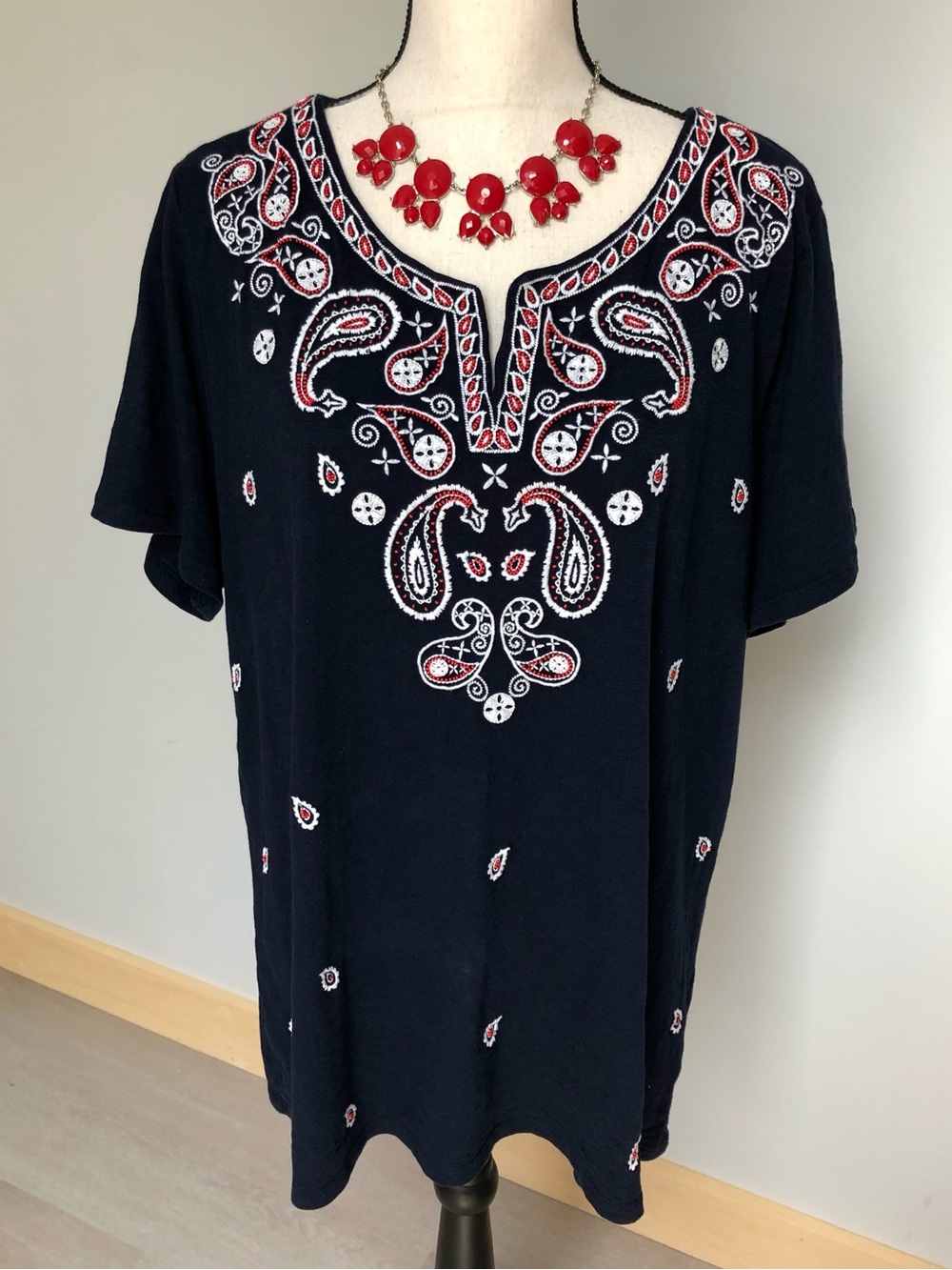 Talbots Navy Sand Dollar Embroidered Paisley Cotton Short Sleeve Tee Top Size 2X